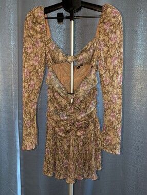 For Love & Lemons Mauve and Olive Floral Long Sleeve Cutout Mini Dress